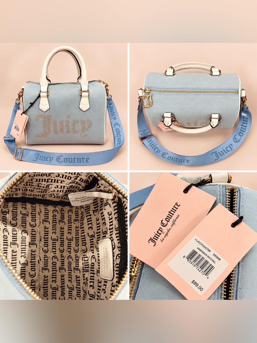 Juicy Couture Light Blue Denim Satchel with Cream Handles and Blue Logo Strap